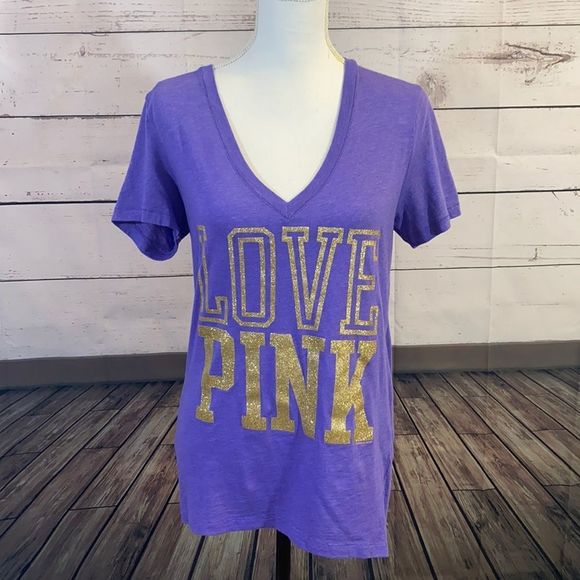 PINK Victoria's Secret Tops - Pink Victoria’s Secret purple glitter V-neck tee size medium